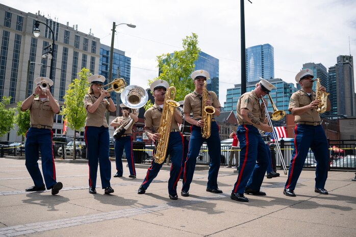 U.S. Marines with the 2nd Marine Aircraft Wing band, Special Purpose Marine Air-Ground Task Force-250, perform during Marine Week Nashville, in Nashville, Tennessee, June 5, 2025. Marines set up multiple equipment displays and recruiting booths during Marine Week to engage with the community of Nashville. Throughout 2025, Marines across the globe will celebrate the 250th birthday of the Corps, commemorating, service, sacrifice, and priding themselves on living ‘Semper Fidelis’ or ‘Always Faithful’ to their nation and to each other. (U.S. Marine Corps photo by Cpl. Vincent Needham)
