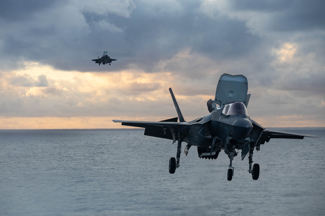 U.S. Marine Corps F-35B Lightning II aircraft assigned to Marine Fighter Attack Squadron (VMFA) 242, 31st Marine Expeditionary Unit, prepares to take off during touch-and-go flight operation drills aboard the amphibious assault ship USS America (LHA 6), in the Solomon Sea, June 8, 2025. Marine F-35Bs bring a 5th generation multi-discipline strike capability to support combined-joint all domain operations in key maritime terrain. The 31st MEU is operating aboard ships of the USS America Amphibious Ready Group in the 7th Fleet area of operations, the U.S. Navy’s largest forward-deployed numbered fleet, and routinely interacts and operates with allies and partners in preserving a free and open Indo-Pacific region. (U.S. Marine Corps photo by Sgt. Peter Rawlins)