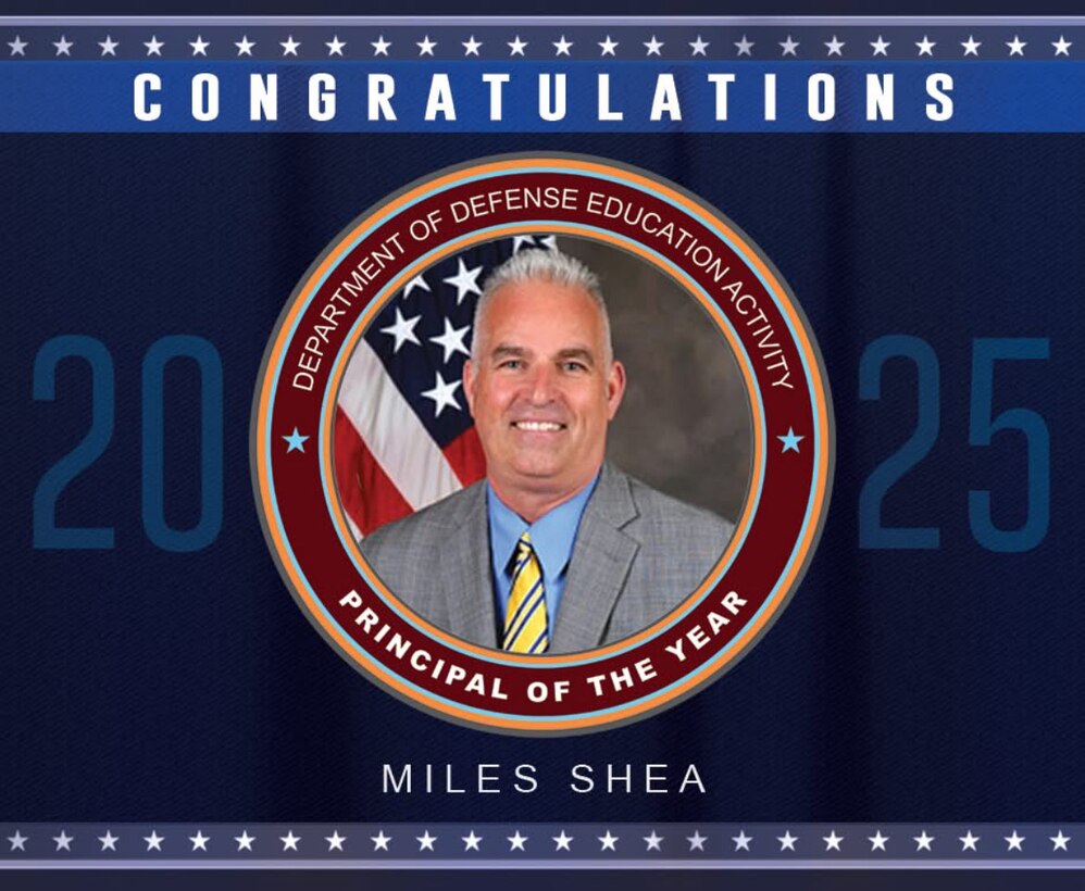 This graphic illustration features Miles Shea, the Quantico Middle High School principal, who earned the title DoD Education Activity Americas’ 2025 Principal of the Year award for the 2024-2025 school year, published June 11, 2025. The DoDEA Principal of the Year Program honors exceptional school principals from three regions: the Americas, Europe, and Pacific regions; each selectee must have demonstrated leadership in creating high-quality learning experiences for students and made significant contributions to the education profession. "I have simply had the opportunity to be a member of that team, and I have been fortunate to accept such a prestigious award on behalf of the entire Marine Corps Base Quantico community.” (Courtesy photo)