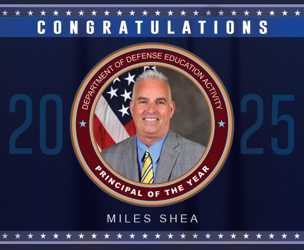 This graphic illustration features Miles Shae, the Quantico Middle High School principal, who earned the title DoD Education Activity Americas’ 2025 Principal of the Year award for the 2024-2025 school year, published June 11, 2025. The DoDEA Principal of the Year Program honors exceptional school principals from three regions: the Americas, Europe, and Pacific regions; each selectee must have demonstrated leadership in creating high-quality learning experiences for students and made significant contributions to the education profession. "I have simply had the opportunity to be a member of that team, and I have been fortunate to accept such a prestigious award on behalf of the entire Marine Corps Base Quantico community.” (Courtesy photo)