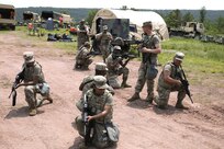 Soldiers with the 104th Maintenance Company conduct squad movement drills at Fort Indiantown Gap, Pennsylvania, on June 3, 2025. The training reinforced basic soldiering skills as part of the unit’s annual training. (U.S. Army photo by Spc. Carrol Hughes)
