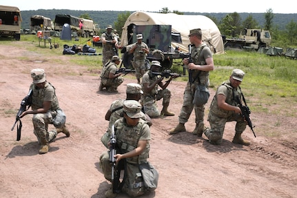 Soldiers with the 104th Maintenance Company conduct squad movement drills at Fort Indiantown Gap, Pennsylvania, on June 3, 2025. The training reinforced basic soldiering skills as part of the unit’s annual training. (U.S. Army photo by Spc. Carrol Hughes)