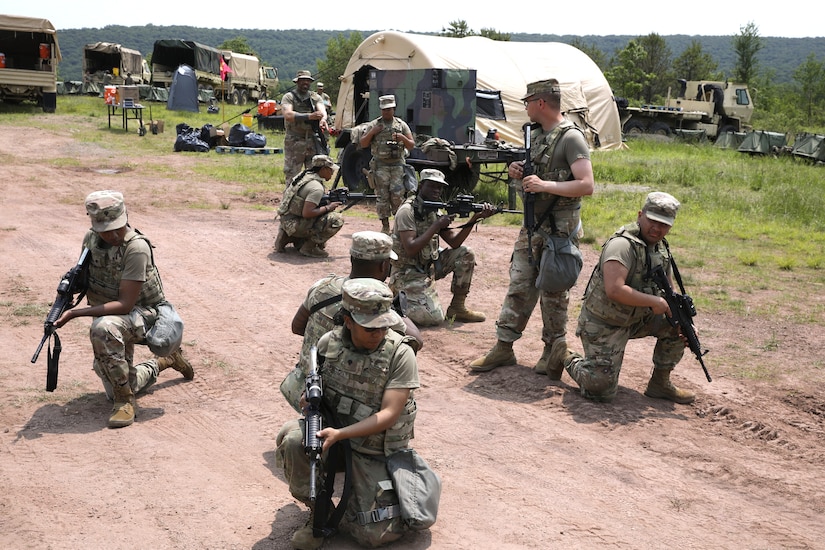Soldiers with the 104th Maintenance Company conduct squad movement drills at Fort Indiantown Gap, Pennsylvania, on June 3, 2025. The training reinforced basic soldiering skills as part of the unit’s annual training. (U.S. Army photo by Spc. Carrol Hughes)