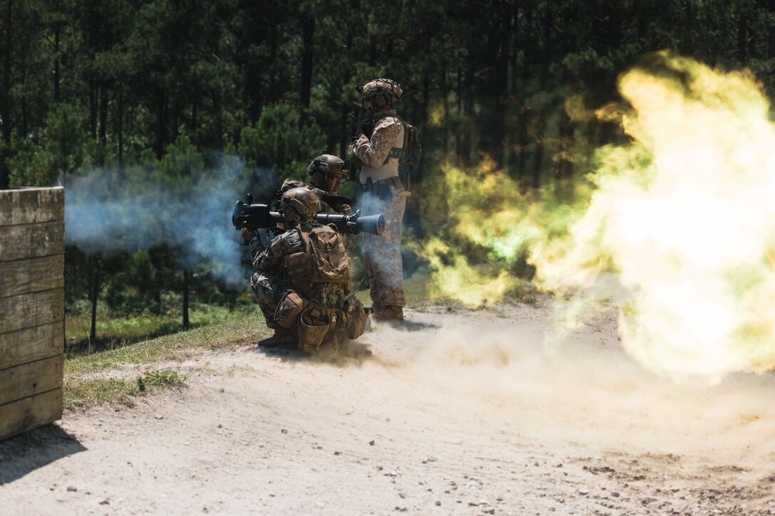 U.S. Marine Corps Lance Cpl. Kevin Redmond, left, a Connecticut native and team leader with Weapons Company, Lance Cpl. Krishnakarthik Nathan, a New York native and team leader with Fox Company, and Sgt. James Day, a Maine native and squad leader with Golf Company, all with 2nd Battalion, 2nd Marine Regiment, fire an M3E1 Multi-Role Anti-Armor Anti-Personnel Weapon System during a MAAWS live-fire range on Camp Lejeune, North Carolina, June 3, 2025. As the ground combat element of the Special Purpose Marine Air-Ground Task Force – Alert Contingency MAGTF (SPMAGTF-ACM), 2nd Battalion, 2nd Marines is responsible for conducting ground operations, seizing and occupying terrain, and providing power projection on any potential MAGTF missions. (U.S. Marine Corps photo by Sgt. Jorge Borjas)