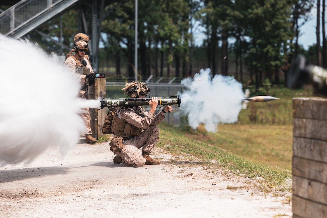 U.S. Marine Corps Cpl. Nathan Kempf, a Michigan native and squad leader with Fox Company, 2nd Battalion, 2nd Marine Regiment, fires an AT4-CS confined space light anti-armor weapon during a high explosive battle drill at Camp Lejeune, North Carolina, June 4, 2025. As the ground combat element of the Special Purpose Marine Air-Ground Task Force – Alert Contingency MAGTF (SPMAGTF-ACM), 2nd Battalion, 2nd Marines is responsible for conducting ground operations, seizing and occupying terrain, and providing power projection on any potential MAGTF missions. (U.S. Marine Corps photo by Sgt. Jorge Borjas)