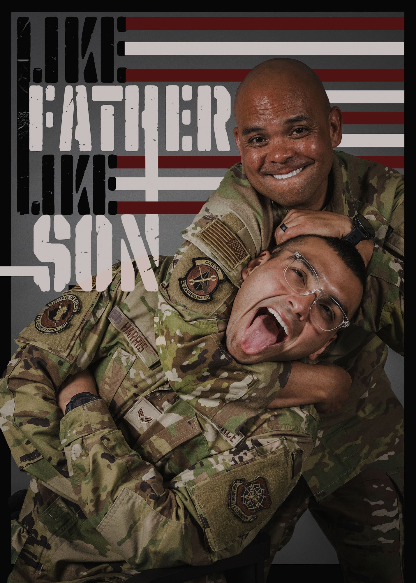 Chief Master Sgt. Michael Kumiyama, 22nd Maintenance Squadron senior enlisted leader, and Senior Airman Jakob Harris, 22nd Security Forces Squadron patrolman, pose for a photo at McConnell Air Force Base, Kansas, May 14, 2025. Kumiyama began his Air Force career when his son Harris was a toddler. Harris followed in Kumiyama's footsteps when he joined the Air Force after high school. (U.S. Air Force illustration by Airman 1st Class Paula Arce)