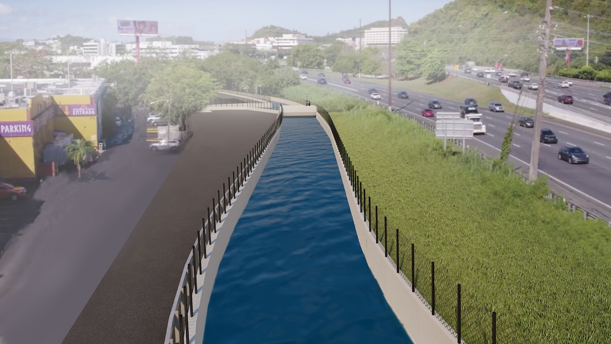Rendering of a river running through an industrial complex and expressway.