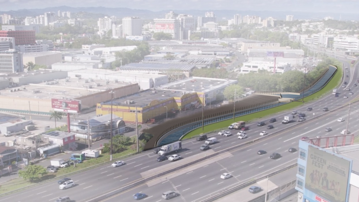 Rendering of a river running through an industrial complex and expressway.