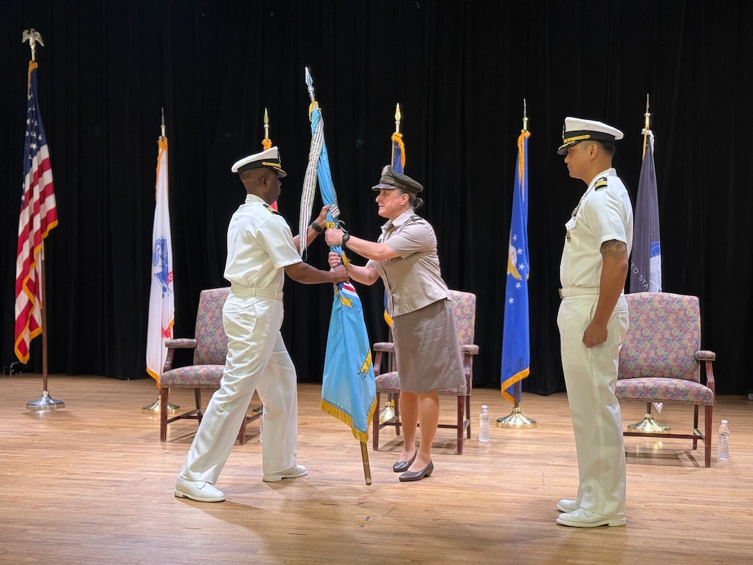 Naval Officers at a change of command at DLA Distribution Bahrain, Southwest Asia.