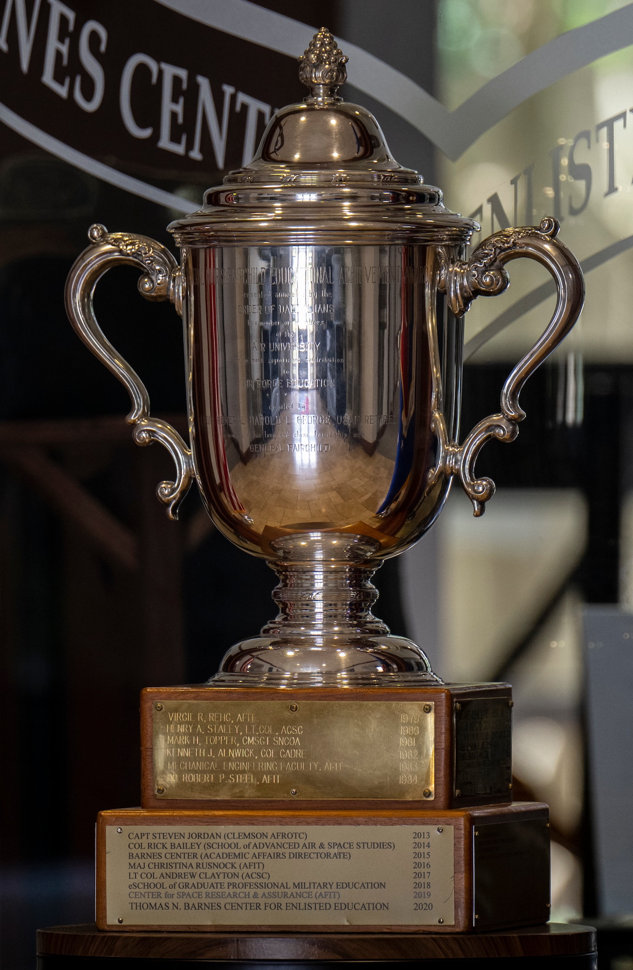 The General Muir S. Fairchild Educational Achievement Award trophy sits in the lobby of the Thomas N. Barnes Center for Enlisted Education. The Barnes Center's Foundations Force Development Section received the 2024 General Muir S. Fairchild Educational Achievement Award during a ceremony on Maxwell Air Force Base, Alabama, June 11, 2025. (U.S. Air Force photo by Brian Ferguson)
