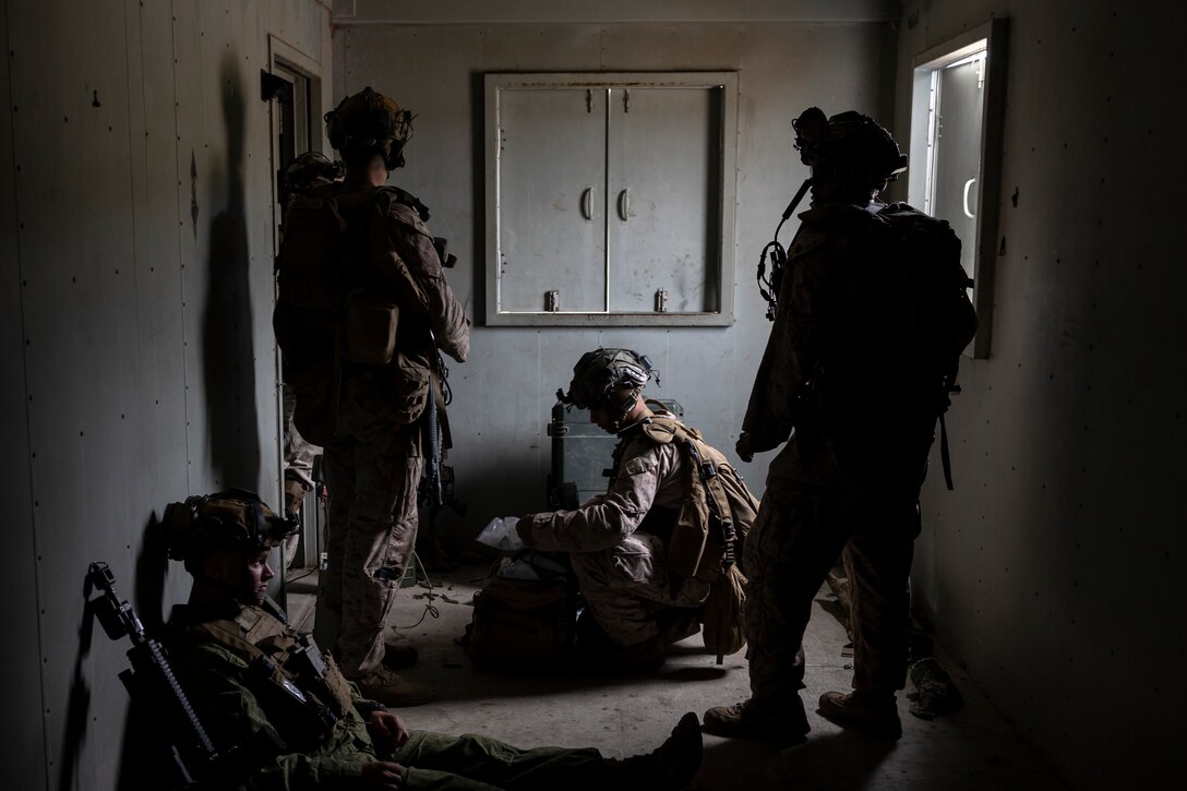 U.S. Marines with 3rd Battalion, 1st Marines, 1st Marine Division, search a room for simulated sensitive information during an air raid course hosted by the Amphibious Raids Branch, Expeditionary Operations Training Group, I Marine Expeditionary Force, at Marine Corps Base Camp Pendleton, California, June 4, 2025.