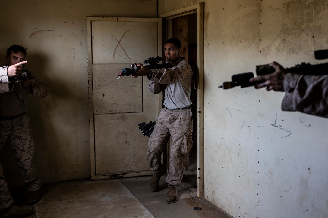 U.S. Marines with 3rd Battalion, 1st Marines, 1st Marine Division, conduct room clearing drills during an air raid course hosted by the Amphibious Raids Branch, Expeditionary Operations Training Group, I Marine Expeditionary Force, at Marine Corps Base Camp Pendleton, California, June 3, 2025.