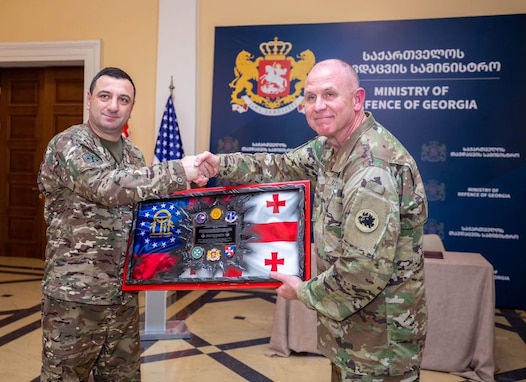 The Georgia National Guard and country of Georgia celebrated 30 years of cooperative training and engagement as part of the National Guard’s State Partnership Program during a ceremony where mementos of cooperation were exchanged with BG Roman Jokhadze, Commander of Georgian National Guard and the Georgian Defense Force CHOD, LTG Giorgi Matiashvili in Tbilisi June 4, 2025.