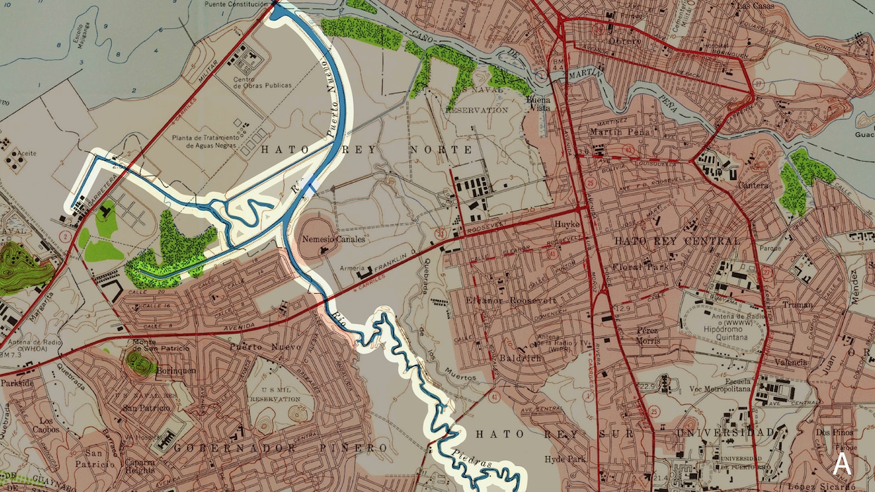 Historic map of San Juan, Puerto Rico, dated 1950, showing the loss of all mangroves near San Juan Bay and the diversion of Río Puerto Nuevo away from where it originally entered the bay. Many more homes and businesses are shown on this map.