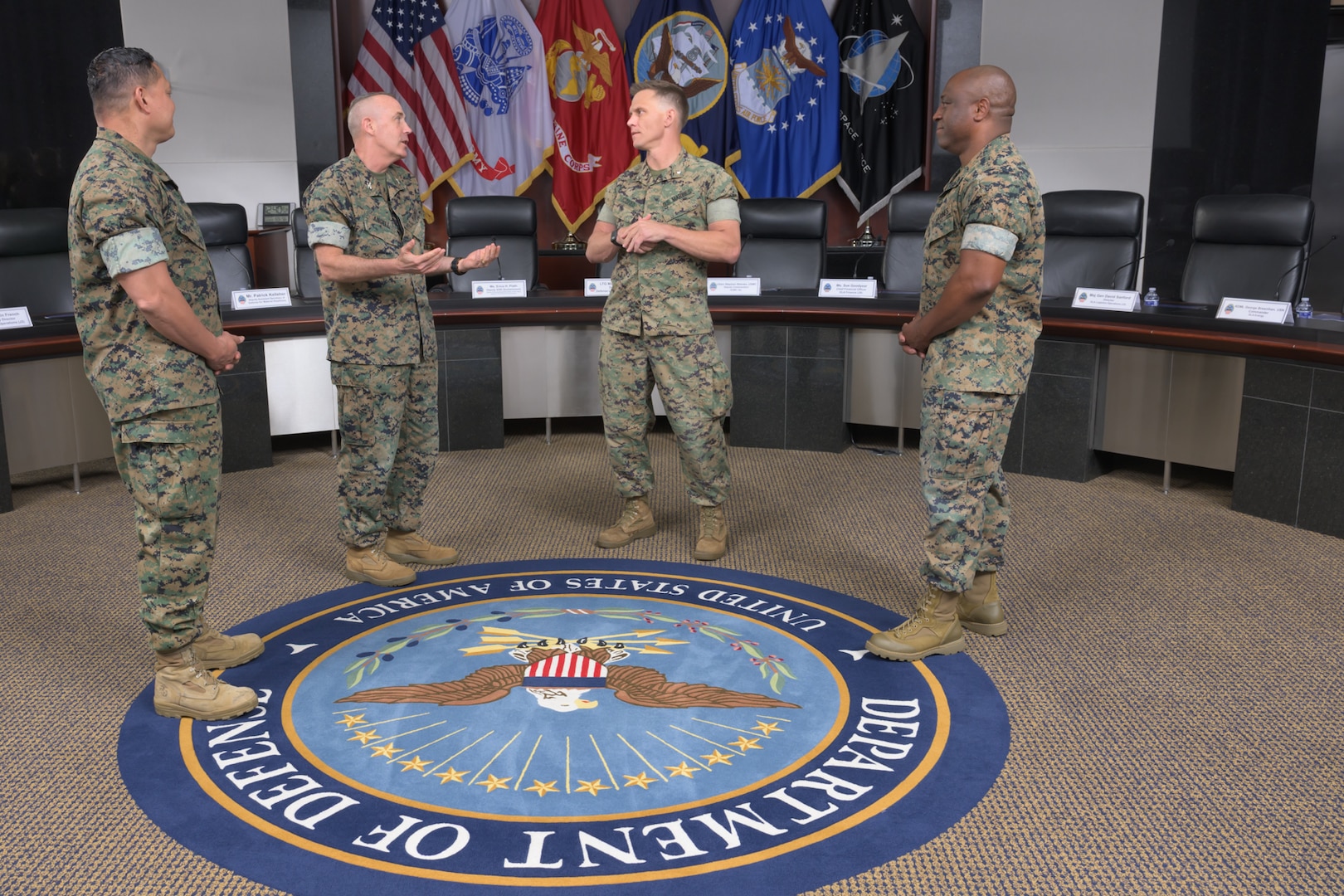 Senior Marine Corps logisticians connect during the Marine Corps and DLA Service Integration Day in the McNamara Headquarters Complex at Fort Belvoir, Virginia, May 29, 2025. The event allows senior Marine Corps logisticians the opportunity to meet their DLA civilian counterparts and openly discuss current issues impacting readiness in the contested logistics environment. Photo by Chris Lynch.