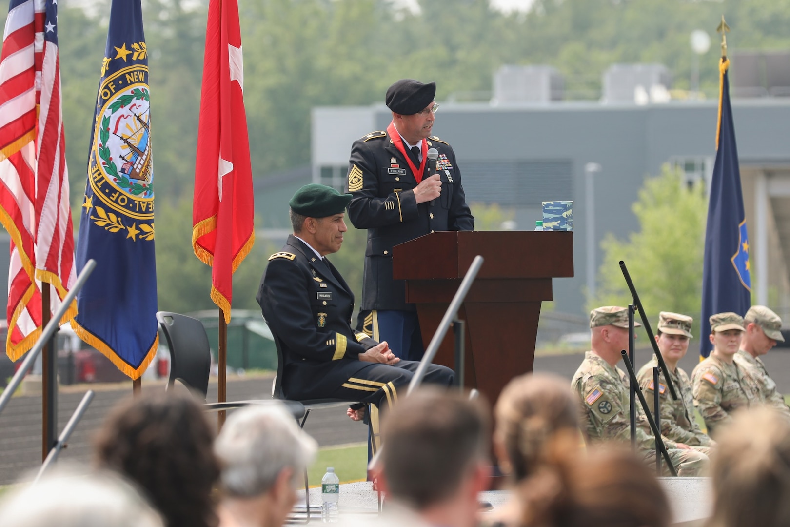 Command Sgt. Maj. William Ferland, outgoing state command sergeant major of the New Hampshire Army National Guard, gives a farewell speech during his retirement ceremony June 8, 2025, at the Edward Cross Training Complex in Pembroke. Photo by Pfc. Makayla Panzer, 114th PAD.