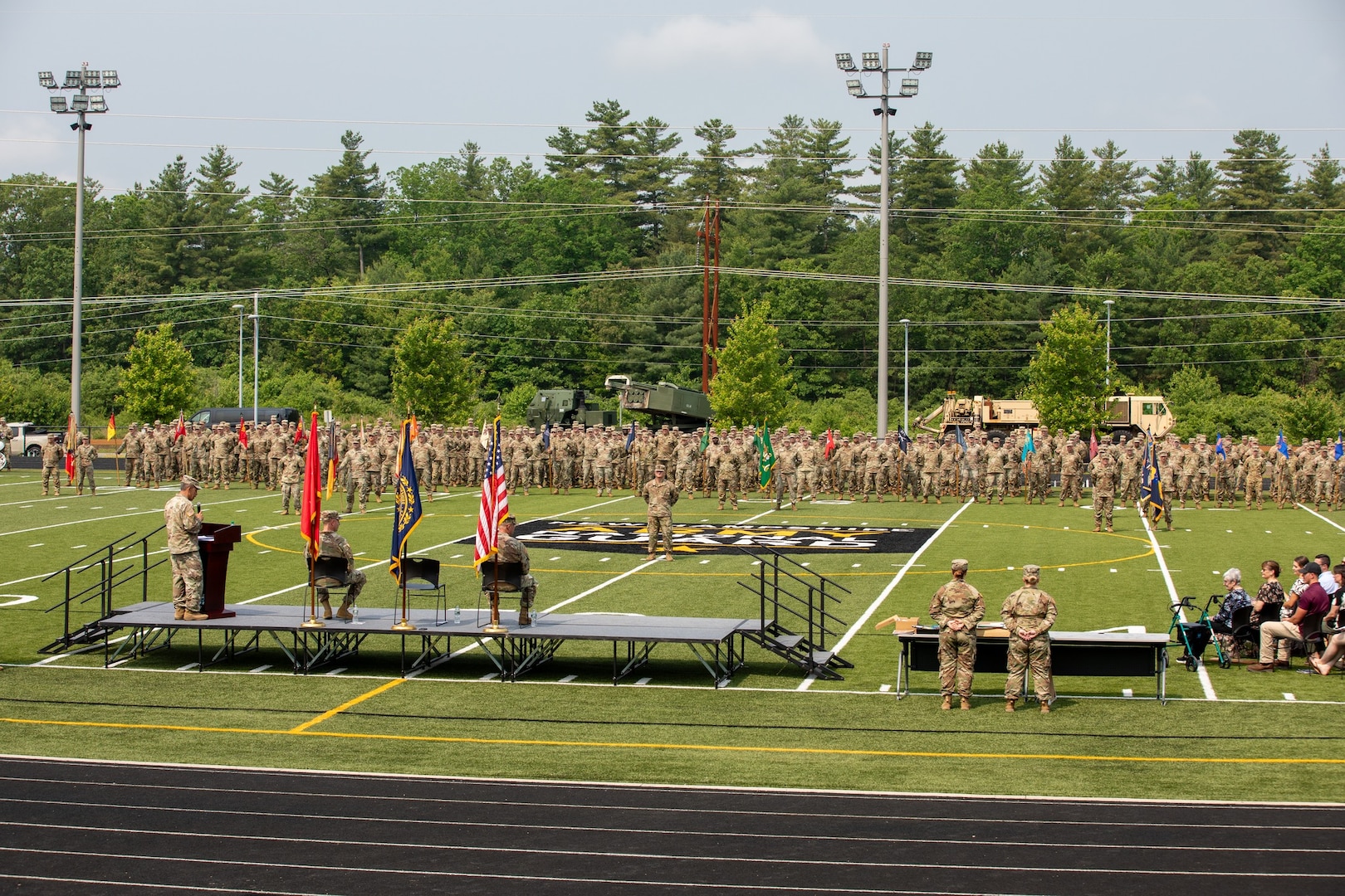 Soldiers and airmen with the New Hampshire National Guard stand in formation during a change of responsibility and retirement ceremony June 8, 2025, at the Edward Cross Training Complex in Pembroke, N.H.
