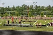 Soldiers and airmen with the New Hampshire National Guard stand in formation during a change of responsibility and retirement ceremony June 8, 2025, at the Edward Cross Training Complex in Pembroke, N.H.