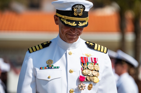 NAVAL STATION ROTA, Spain (June 12, 2025) Capt. Teague Suarez, the former commanding officer of Naval Station (NAVSTA) Rota, Spain, departs the NAVSTA Rota, Spain change of command ceremony, June 12, 2025. As the "Gateway to the Mediterranean,” NAVSTA Rota provides U.S, NATO and allied forces a strategic hub for operations in Europe, Africa and the Middle East. NAVSTA Rota is a force multiplier, capable of promptly deploying and supporting combat-ready forces through land, air and sea, enabling warfighters and their families, sustaining the fleet and fostering the U.S. and Spanish partnership. (U.S. Navy photo by Mass Communication Specialist 1st Class Drace Wilson)