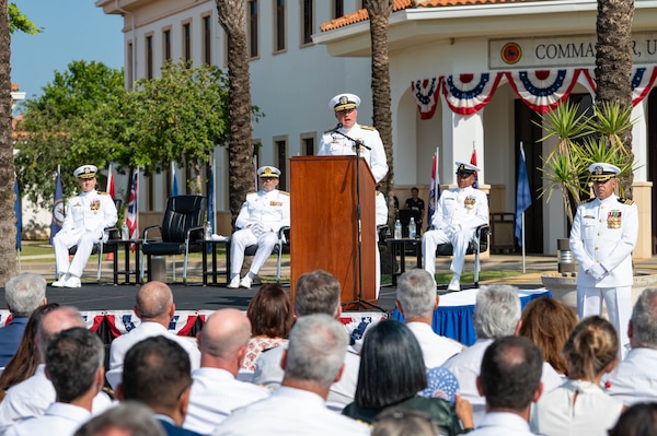 NAVAL STATION ROTA, Spain (June 12, 2025) Rear Adm. Brad Collins, Commander, Navy Region Europe, Africa, Central, gives remarks during the Naval Station (NAVSTA) Rota, Spain change of command ceremony, June 12, 2025. As the "Gateway to the Mediterranean,” NAVSTA Rota provides U.S, NATO and allied forces a strategic hub for operations in Europe, Africa and the Middle East. NAVSTA Rota is a force multiplier, capable of promptly deploying and supporting combat-ready forces through land, air and sea, enabling warfighters and their families, sustaining the fleet and fostering the U.S. and Spanish partnership. (U.S. Navy photo by Mass Communication Specialist 1st Class Drace Wilson)