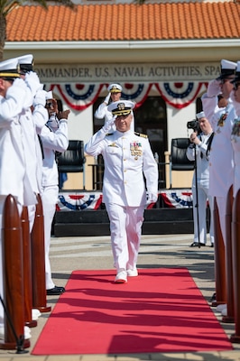 Naval Station Rota leadership salutes and conducts honors for Change of Command.