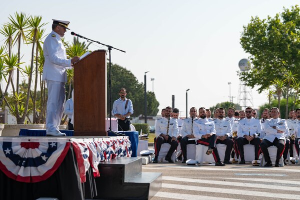 Naval Station Rota leadership salutes and conducts honors for Change of Command.