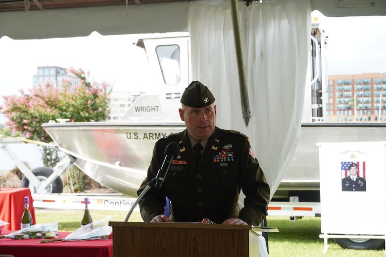 U.S. Army Corps of Engineers, Savannah District Commander Col. Ron Sturgeon provides remarks during a vessel dedication ceremony, June 12, 2025, welcoming three new hydrographic survey vessels to the District’s fleet. The vessels are named in honor of three fallen Soldiers from Georgia, Sgt. 1st Class John Beale, Sgt. Tyrone Chisholm, and Staff Sgt. Dustin Wright.