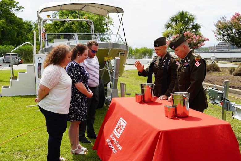 USACE Command Chaplain J.R. Lorenzen and Savannah District Commander Col. Ron Sturgeon and the family of Sgt. 1st Class John Beale participate in a blessing for the S/V Beale during a dedication ceremony, June 12, 2025 at the Savannah District’s Engineers Depot in Savannah, Georgia.