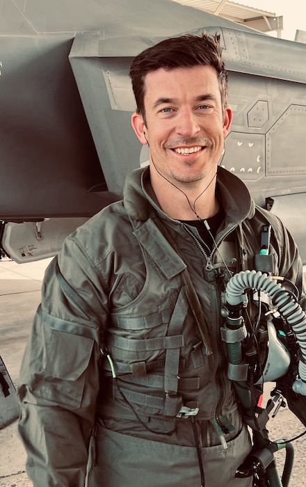 Royal Netherlands Air Force Maj. Rolandus Scherders, RNLAF 312th Squadron director of operations, stands in front of an F-35 Lightning II on his first day of Pilot Training at Luke Air Force Base, Arizona.