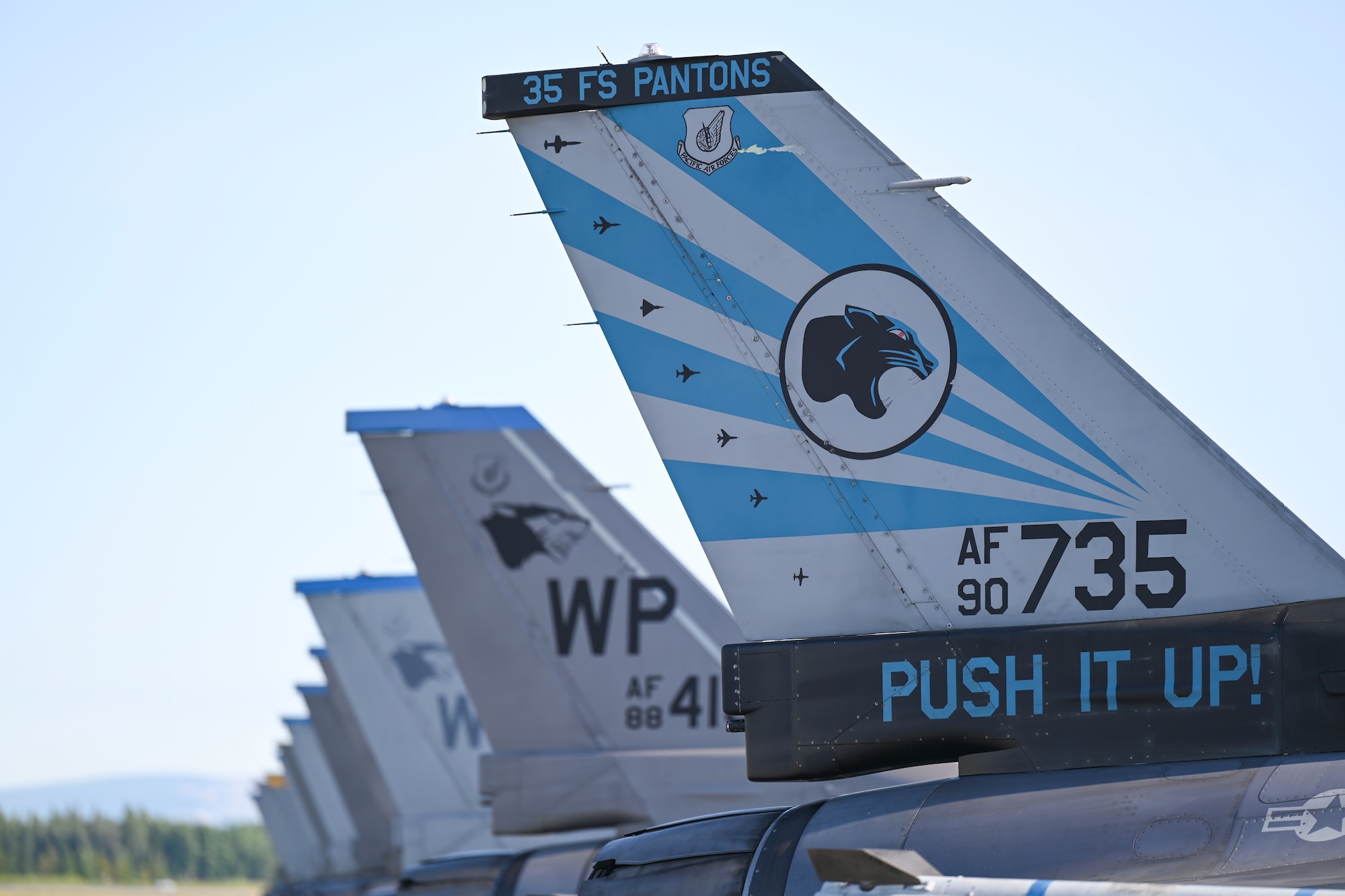 F-16 Fighting Falcons from the 35th Fighter Squadron are parked on the flightline at Eielson Air Force Base, Alaska, June 12, 2025.