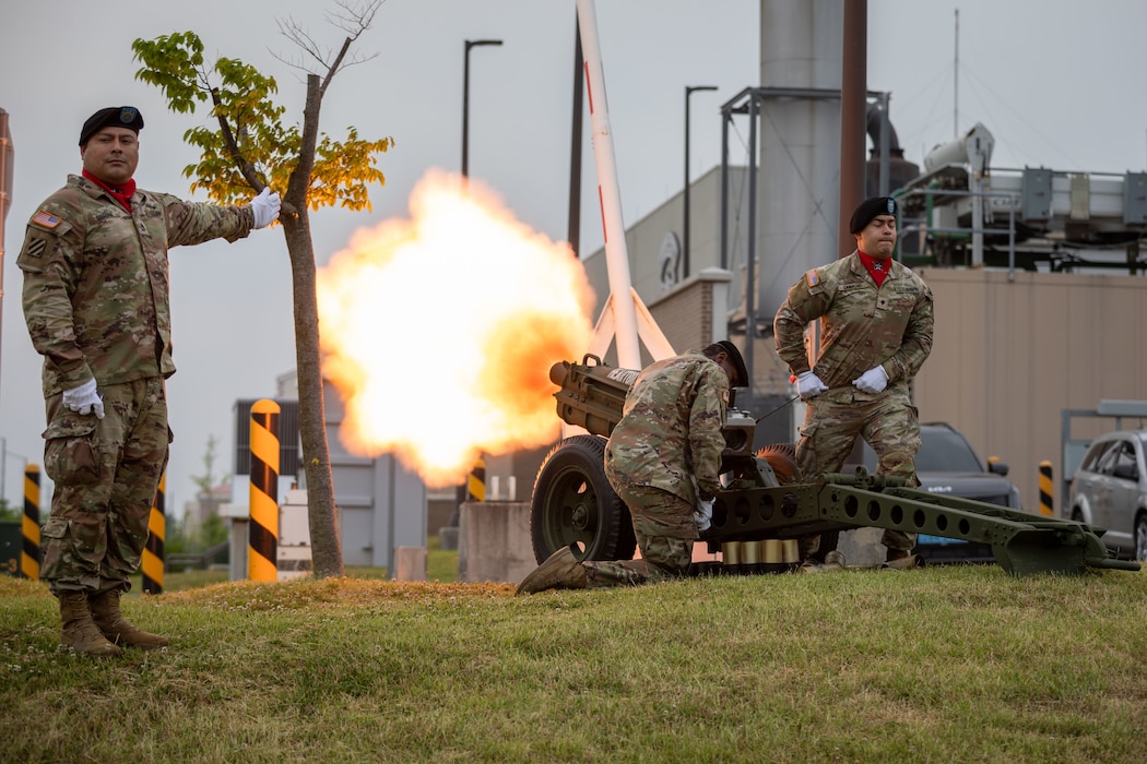 U.S. Army Soldiers assigned to the 2nd Infantry Division fire a ceremonial cannon to signal the start of an Eighth Army formation run at Camp Humphreys, South Korea, June 9, 2025.
