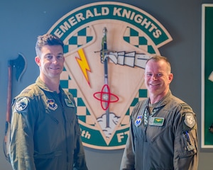 Royal Netherlands Air Force Maj. Rolandus Scherders (left), RNLAF 312th Squadron director of operations, and RNLAF Lt. Col. Joseph Luijsterburg (right), 308th Fighter Squadron Dutch detachment commander, stand in front of the 308th Fighter Squadron seal, June 11 2025, Luke Air Force Base, Arizona.