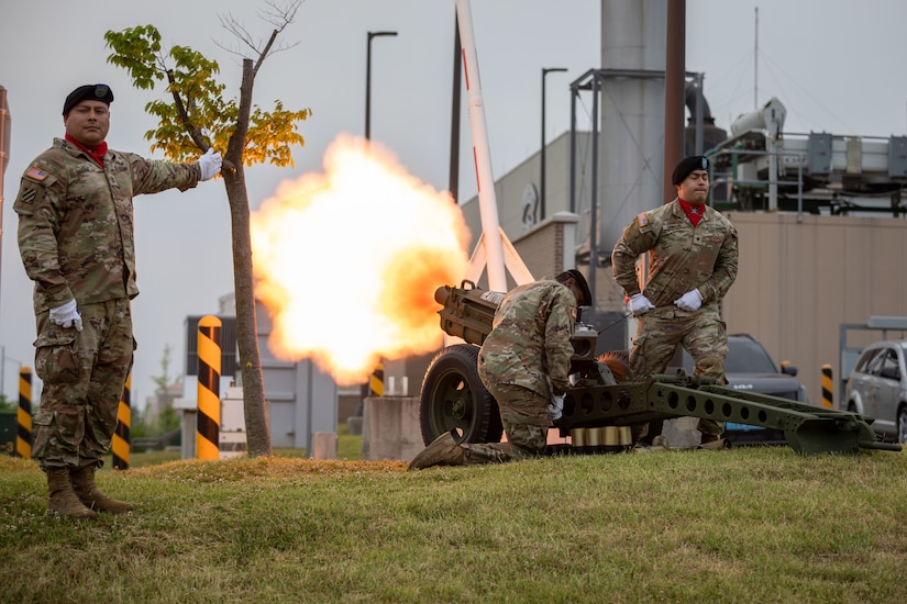 U.S. Army Soldiers assigned to the 2nd Infantry Division fire a ceremonial cannon to signal the start of an Eighth Army formation run at Camp Humphreys, South Korea, June 9, 2025.