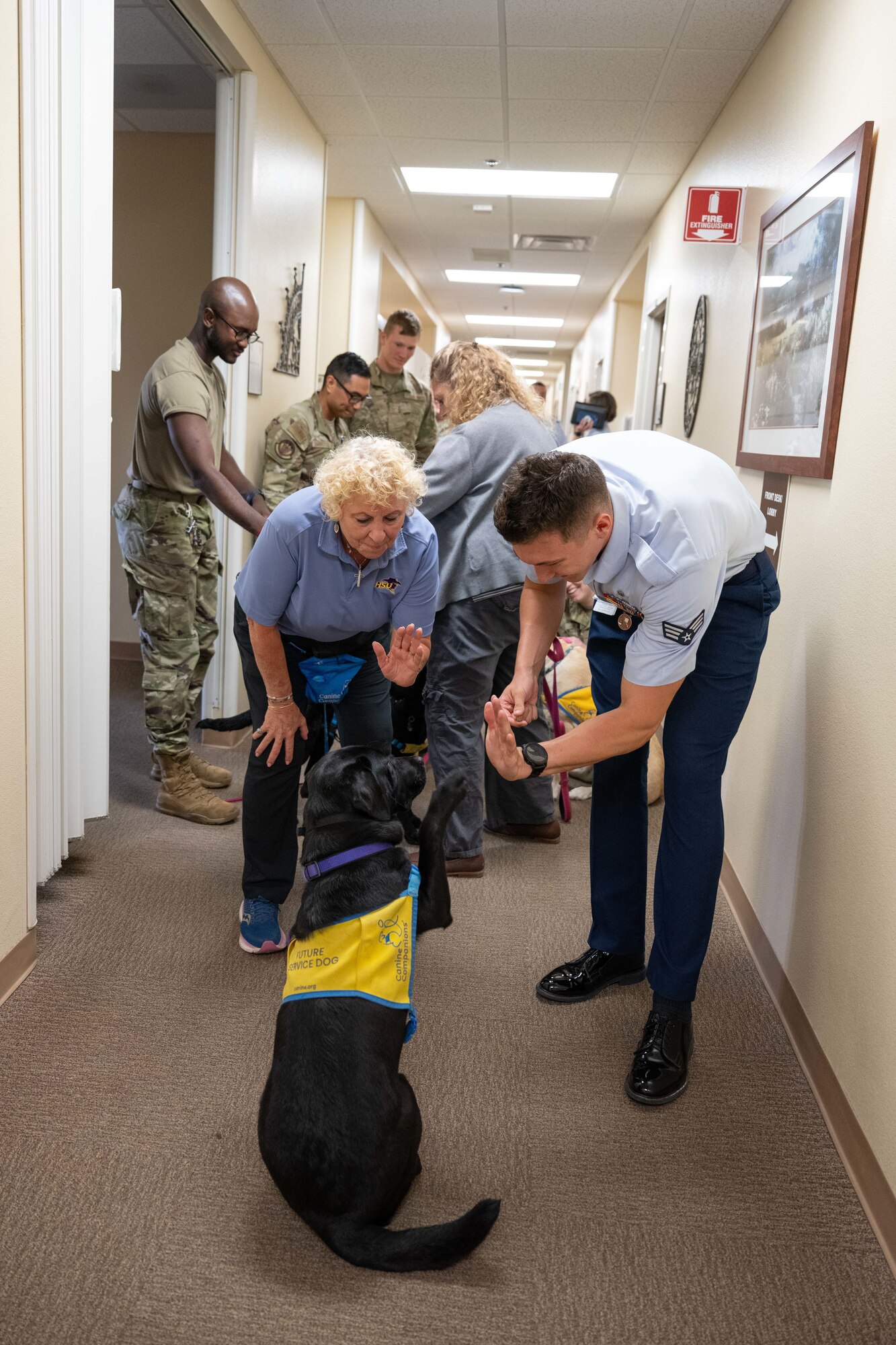 Dr. Janelle O’Connell, former Dean of the College of Health Professions at Hardin-Simmons University, escorts future service dogs during a tour of the 7th Medical Group at Dyess Air Force Base, Texas, June 4, 2025. Dr. O’Connell has served as the 7th Healthcare Operations Squadron honorary commander since November 2023. (U.S. Air Force photo by Airman Caleb Schellenberg)