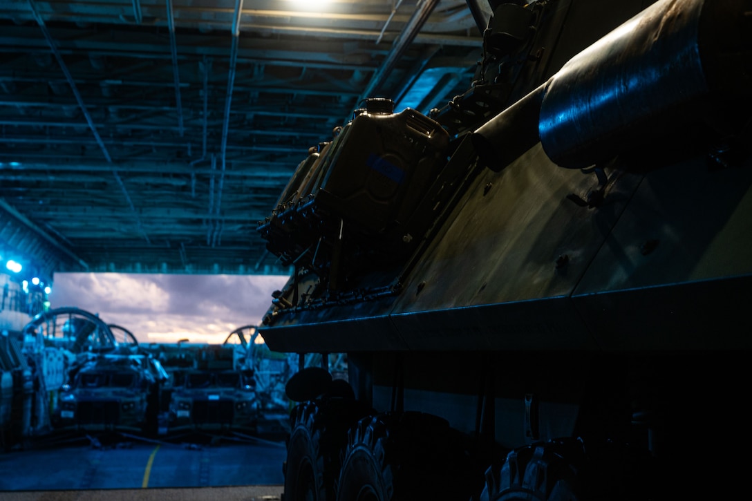 A U.S. Marine Corps Light Armored Vehicle assigned to 1st Light Armored Reconnaissance Company, Battalion Landing Team 1st Battalion, 7th Marine Regiment, 31st Marine Expeditionary Unit, is staged on a landing craft, air cushion during a LCAC off-loading drill aboard amphibious transport dock USS San Diego (LPD 22), in the Timor Sea, June 8, 2025. The Marines and Navy Sailors executed off-loading drills to certify joint operations between weaponized and amphibious units for the USS San Diego (LPD 22) in support of Marine and Navy personnel. The 31st MEU is operating aboard ships of the USS America Amphibious Ready Group in the 7thFleet area of operations, the U.S. Navy’s largest forward-deployed numbered fleet, and routinely interacts and operates with allies and partners in preserving a free and open Indo-Pacific region. (U.S. Marine Corps photo by Lance Cpl. Raul Sotovilla)