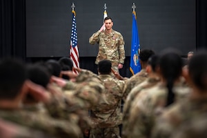 U.S. Air Force Maj. Clayton Sharum, outgoing 51st Comptroller Squadron commander, renders his final salute during the 51st CPTS Change of Command ceremony at Osan Air Base, Republic of Korea, June 13, 2025.