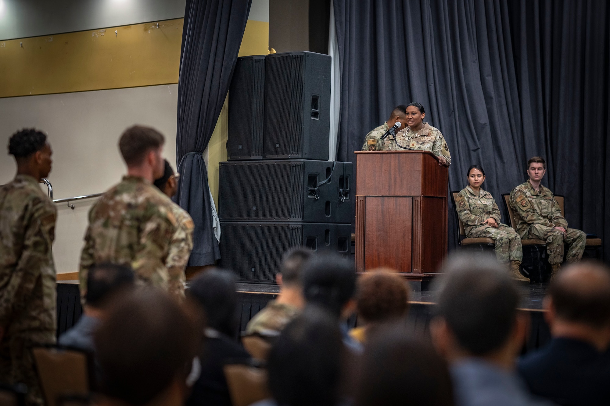 U.S. Air Force Maj. Kristal Wong, incoming 51st Comptroller Squadron commander, delivers remarks during the squadron’s  change of command ceremony at Osan Air Base, Republic of Korea, June 13, 2025.