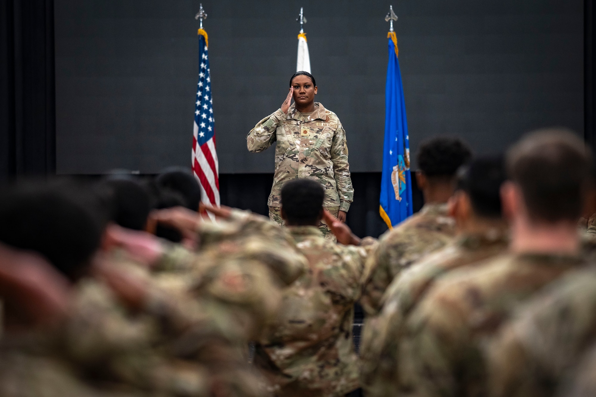U.S. Air Force Maj. Kristal Wong, incoming 51st Comptroller Squadron commander, renders her first salute during a Change of Command ceremony at Osan Air Base, Republic of Korea, June 13, 2025.