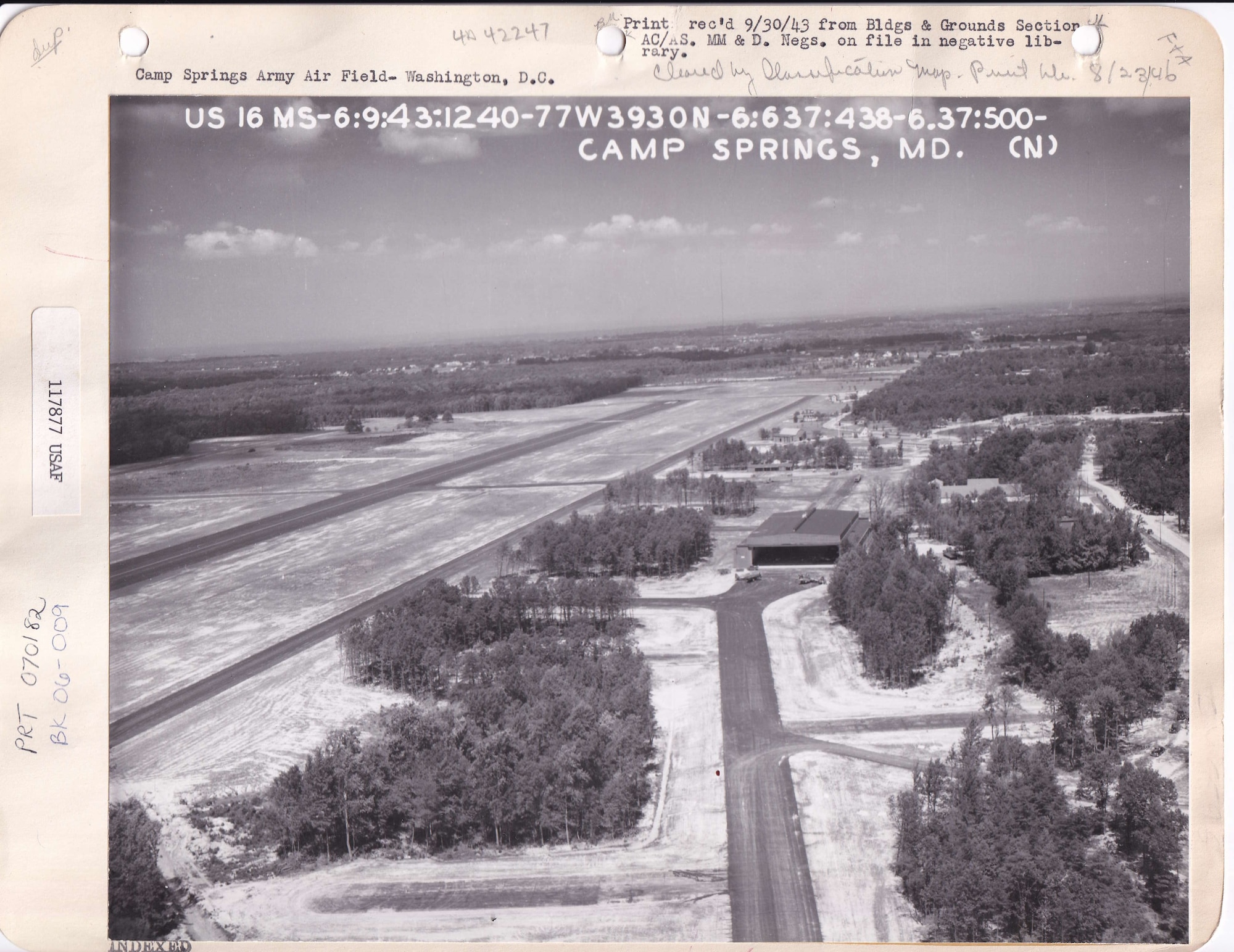 An aerial view of Camp Springs Army Airfield, Md., on Oct. 6. 1943. (U.S. Army Air Forces Photo, National Archives and Records Administration, Record Group 342)