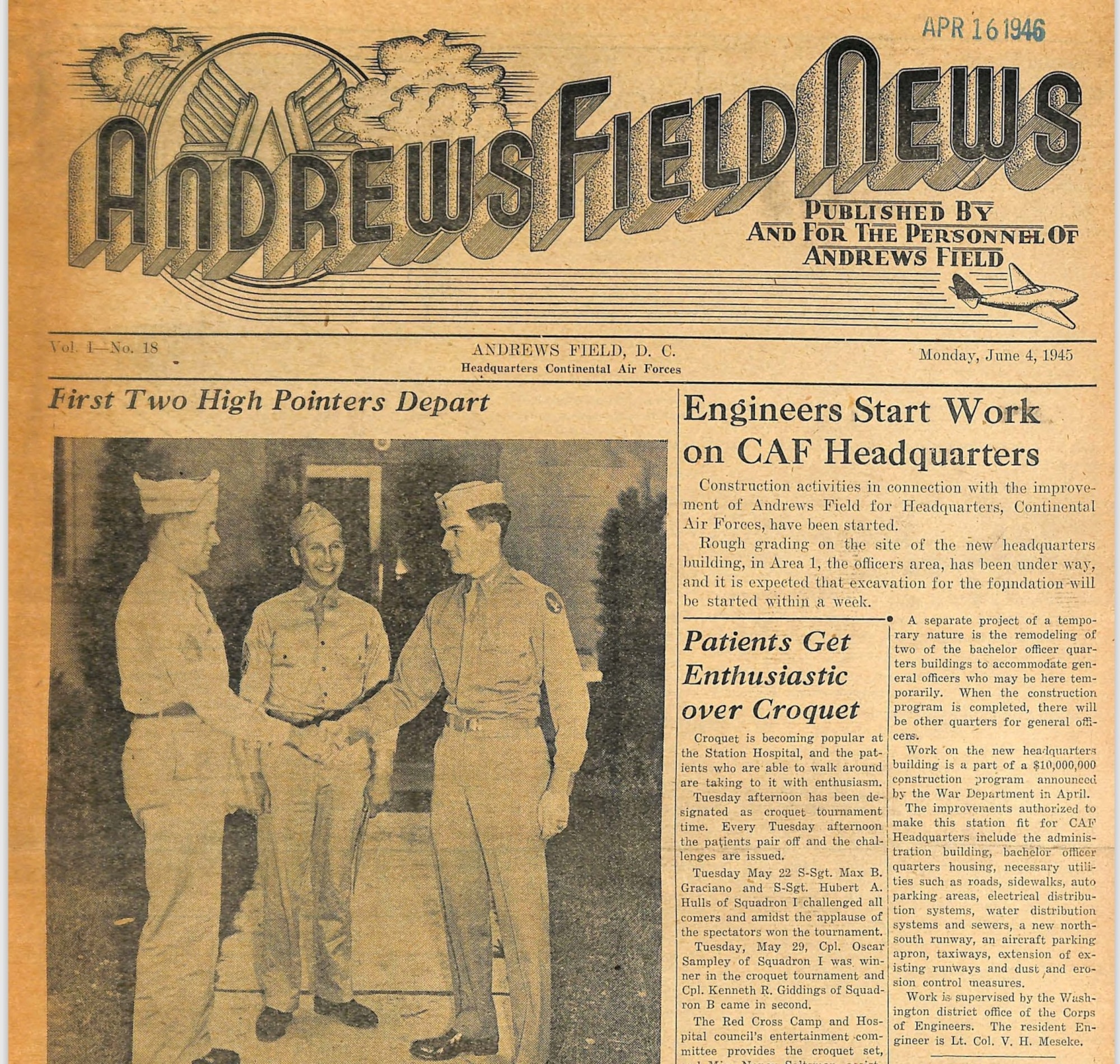 A newspaper clip from the June 4, 1945, edition of Andrews Field News highlights the Army engineers began working on Building 1535, intended to be a headquarters for Continental Air Forces, at Andrews Airfield, Md. (Courtesy Photo)