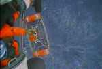 U.S. Coast Guard conducts hoist during an emergency medevac of an adult male 185 miles offshore of San Francisco June 10, 2025. District 11 watchstanders received a call at about 10 a.m. Sunday, from the captain of the cargo ship Aetos that a 40-year-old crew member aboard was exhibiting symptoms of appendicitis approximately 820 miles offshore.