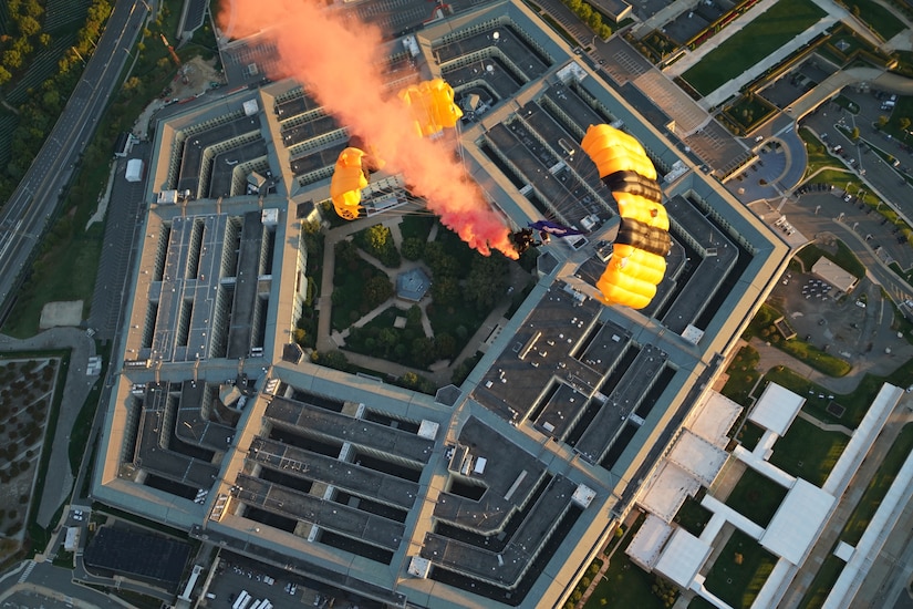 Golden Knights descend over the pentagon during an Army 250 celebration.