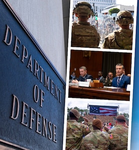 In a graphic, three photos appear to the right of a sign on a building that reads Department of Defense.