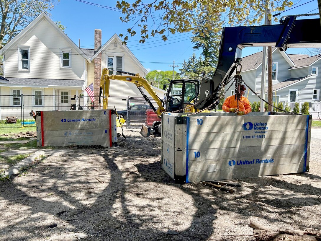 Excavation and demolition work at the Environmental Protection Agency Superfund site in Charlevoix, Michigan is underway to deconstruct structures at three sites and remove contaminated soil from 13 areas, under project management by the U.S. Corps of Engineers, Detroit District. (U.S. Army Corps of Engineers photo by Sawyer Richards.)