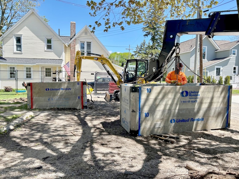 Excavation and demolition work at the Environmental Protection Agency Superfund site in Charlevoix, Michigan is underway to deconstruct structures at three sites and remove contaminated soil from 13 areas, under project management by the U.S. Corps of Engineers, Detroit District. (U.S. Army Corps of Engineers photo by Sawyer Richards.)