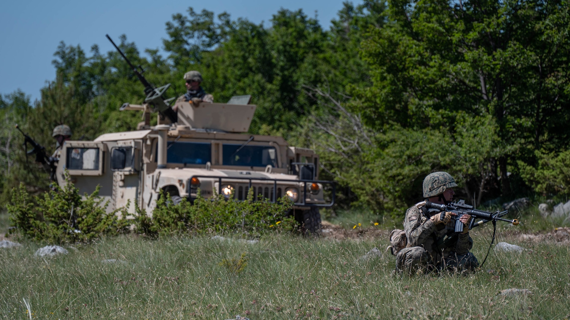 Maryland Army National Guard Soldiers of the 200th Military Police Company, 115th Military Police Battalion, and members of the Armed Forces of Bosnia and Herzegovina Light Infantry Battlegroup conduct reconnaissance and convoy situational training with oppositional forces during Immediate Response–DEFENDER 25, near the Red Land Training Area, Knin, Croatia, June 1, 2025.