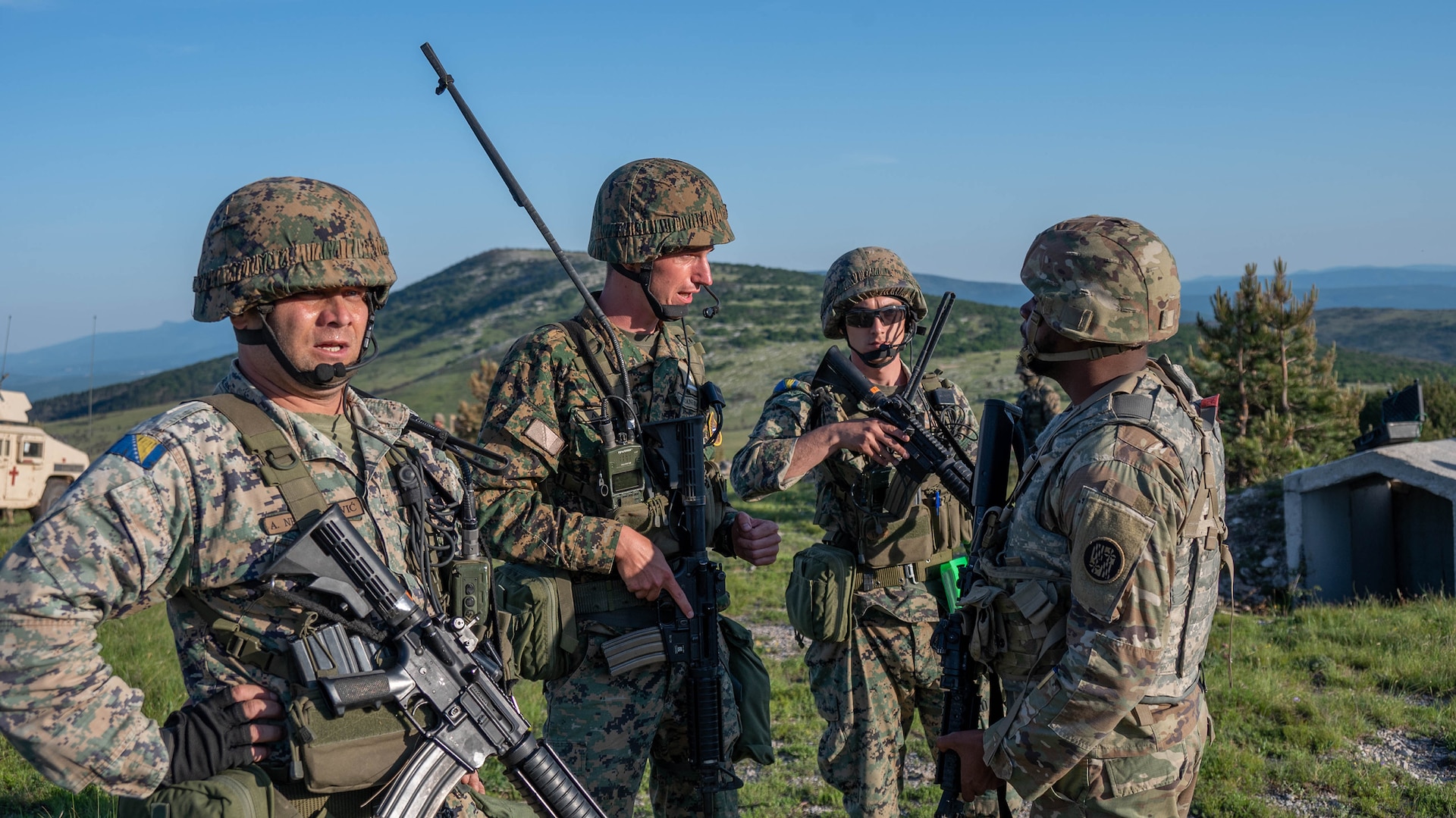 Maryland Army National Guard Soldiers of the 200th Military Police Company, 115th Military Police Battalion, and members of the Armed Forces of Bosnia and Herzegovina Light Infantry Battlegroup conduct reconnaissance and convoy situational training with oppositional forces during Immediate Response–DEFENDER 25, near the Red Land Training Area, Knin, Croatia, June 1, 2025.