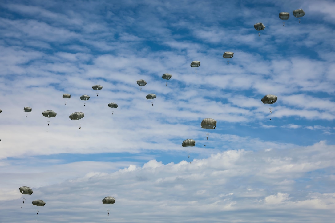 Dozens of soldiers descend with green parachutes in a cloudy, blue sky.