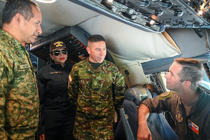 U.S. Air Force Maj. Ben Ernst, a 68th Airlift Squadron C-5M pilot, discusses the C-5M Super Galaxy’s strategic airlift capabilities with partner nation military leaders during an aircraft tour and familiarization as part of Exercise Southern Star ‘25 at Arturo Merino Benitez International Airport in Santiago, Chile, June 7, 2025.