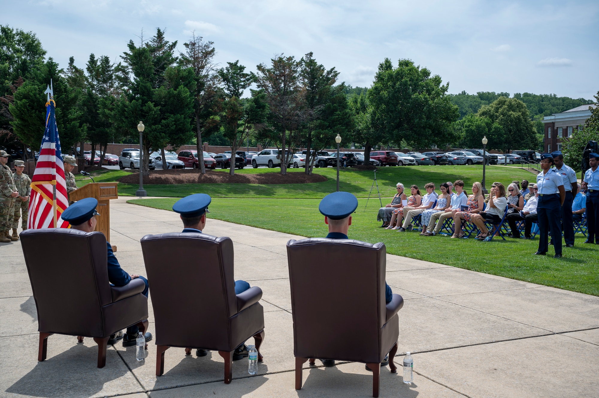 U.S. Airmen and family members gather for the 794th Communications Squadron change of command ceremony at Joint Base Anacostia-Bolling, Washington, D.C., June 10, 2025. The 794th CS led the way for multiple upgrades and renovations to JBAB’s communications infrastructure to ensure the continuation and modernization of critical IT support. (U.S. Air Force photo by Hayden Hallman)